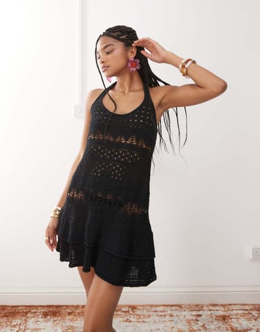 Miss Selfridge crochet ruffle mini dress in black