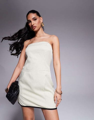 Kaiia exclusive tailored pinstripe contrast trim bandeau mini dress in cream