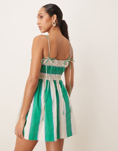 ASOS DESIGN shirred bust cotton poplin mini dress in green and lilac stripe