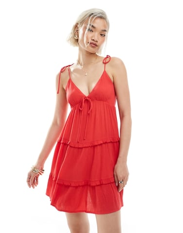 Miss Selfridge tiered cheesecloth mini slip dress in red
