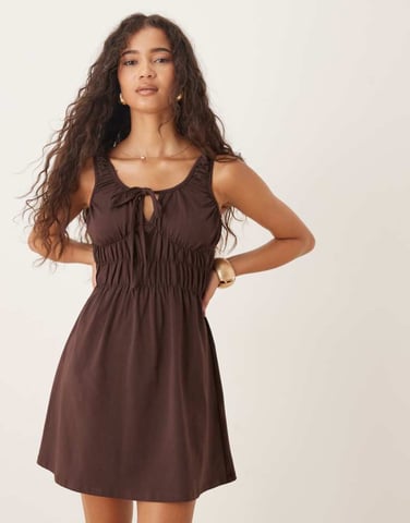 ASOS DESIGN prairie ruched bust mini dress in chocolate