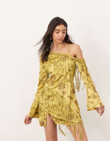ARRANGE embroidered fringe detail off shoulder tie back mini dress in olive