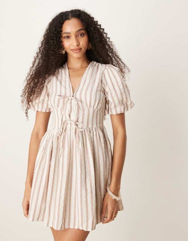 Nobody's Child Scottie puff sleeve mini dress in neutral stripe