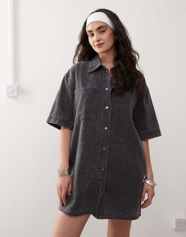 Noisy May denim mini shirt dress in washed grey