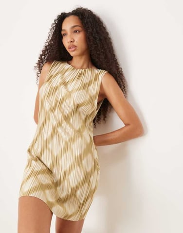 ASOS DESIGN plisse sleeveless slash neck mini dress in green check print - MULTI