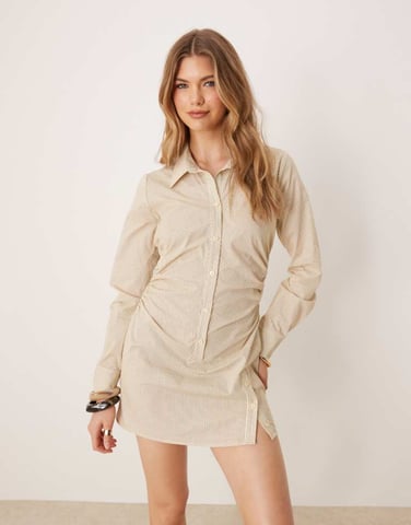 ASOS DESIGN cotton ruched waist shirt mini dress with flared sleeve in stripe