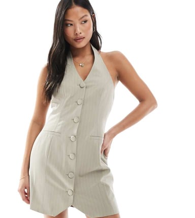 Miss Selfridge Petite tailored halter mini dress in pinstripe