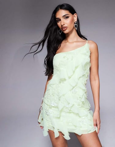 ASOS DESIGN embellished ruffle mini dress in lemon