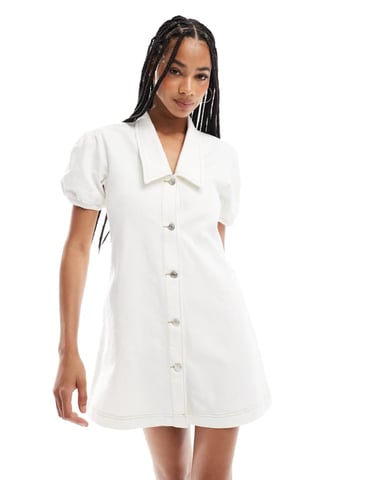 ASOS DESIGN denim mini dress with collar and puff sleeves in ecru