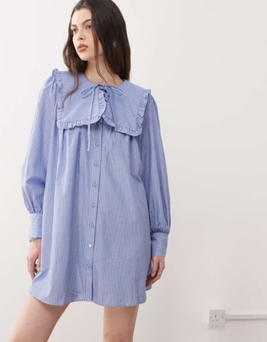 Reclaimed Vintage mini smock dress with oversized collar in blue stripe