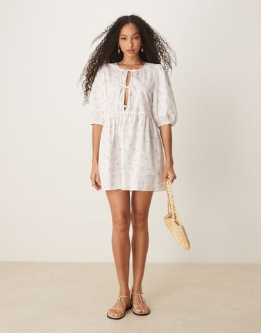 Gina Tricot tie front bodice mini dress with puff sleeves in ditsy floral print