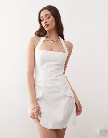 Amy Lynn square halter neck tailored mini dress in white