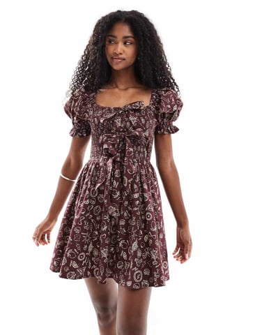 Miss Selfridge shirred bust tie front mini dress in brown holiday print