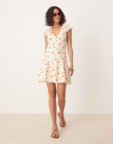 ASOS DESIGN v neck flutter sleeve mini dress in cherry print
