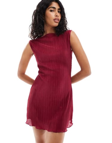 ASOS DESIGN plisse slash neck mini dress in burgundy