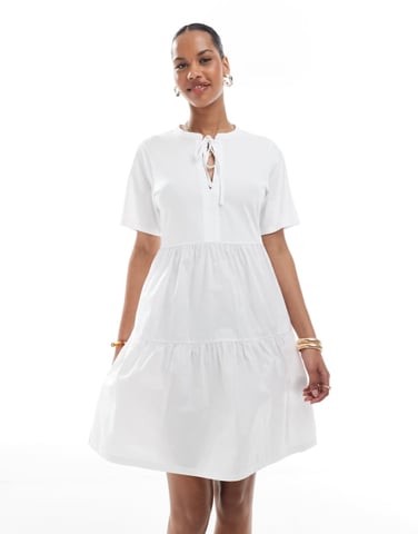 Threadbare cotton rich tiered short sleeve mini dress with keyhole detail in white