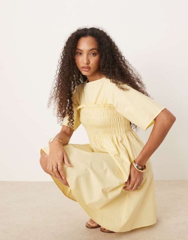 ASOS DESIGN shirred babydoll trapeze mini dress in buttermilk