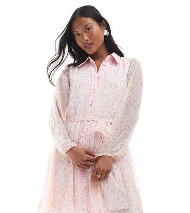 Vero Moda Petite Smilla flippy belted shirt dress in pink ditsy floral
