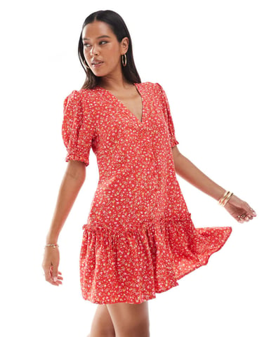 Miss Selfridge printed spun smock dress in red ditsy