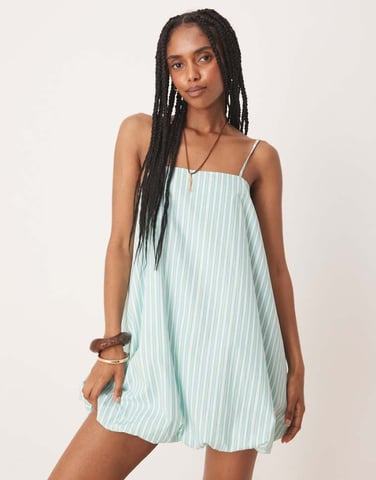 ASOS DESIGN cami puff ball mini dress in green stripe