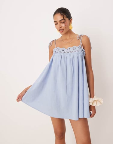ASOS DESIGN Fern beach mini dress with broderie trim in ice blue