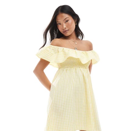 Vero Moda Petite shirred bodice mini dress with frill detail in yellow gingham print