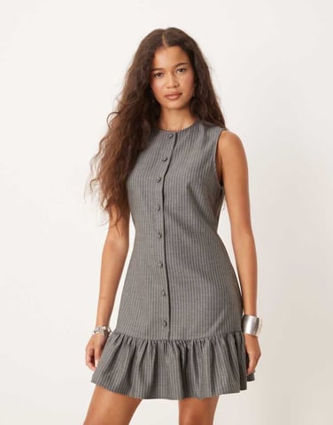 ASOS DESIGN sleeveless button down mini dress in grey pinstripe
