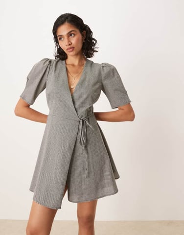 Glamorous short sleeve wrap mini dress in micro black check
