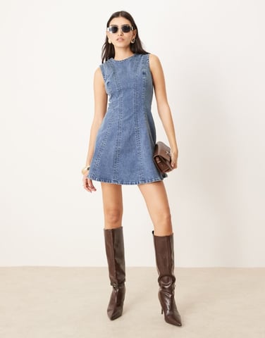 Abercrombie & Fitch high neck fit & flare panelled mini dress in indigo wash