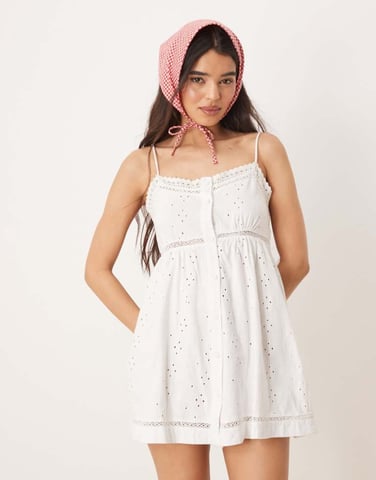 ASOS DESIGN broderie cami button through mini dress in white