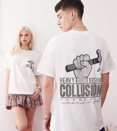 COLLUSION Unisex print t-shirt in white with hammer graphic