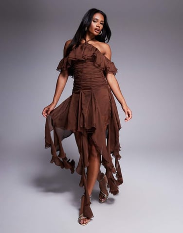 ASOS LUXE halter neck chiffon playsuit with ruffle detail in chocolate