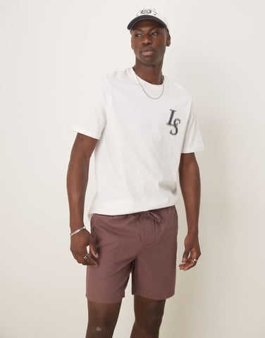ASOS DESIGN slim mid length loose shorts in brown linen blend - BROWN