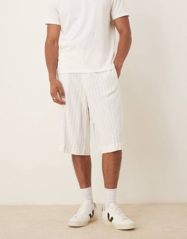 ASOS DESIGN linen mix oversized bermuda suit shorts in white pinstripe