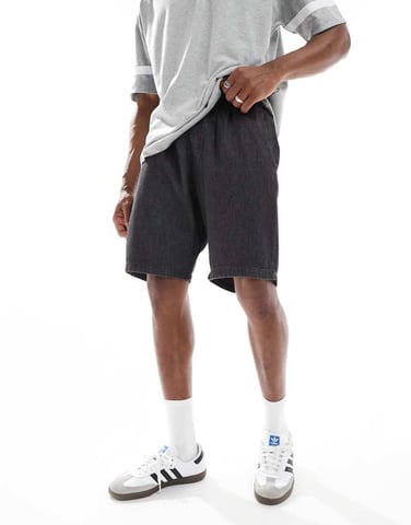 Jack & Jones loose fit drawstring light denim short in black wash