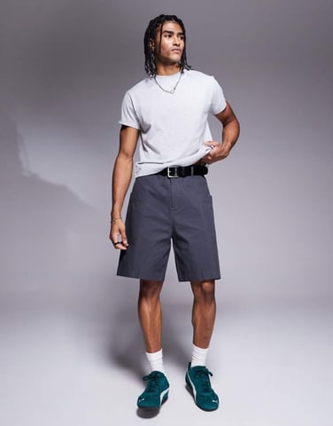 ASOS DESIGN mid length poplin cargo shorts in grey