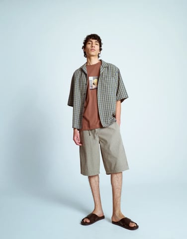 Topman jort cheesecloth check short in green