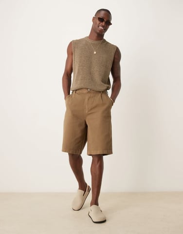 ASOS DESIGN long length shorts with pleats and double darts in tan