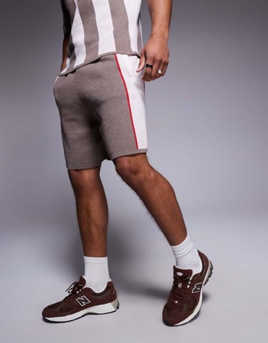 ASOS DESIGN knitted textured shorts with side stripe co-ord in stone