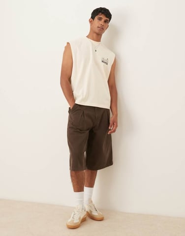 ASOS DESIGN longer length denim jort with box pleat in brown wash