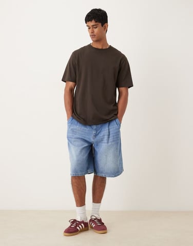 ASOS DESIGN long length double pleated denim jort in mid wash blue