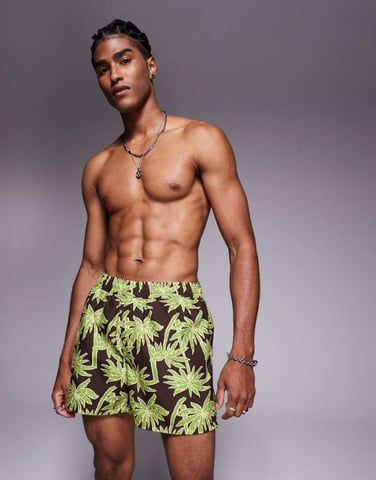 ASOS DESIGN swim shorts in short length in brown palm tree print