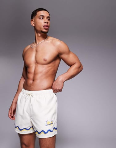 ASOS DESIGN swim shorts in short length with border print in stone
