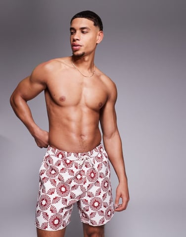 ASOS DESIGN swim shorts in mid length with geo print in stone