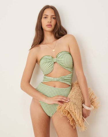 ASOS DESIGN Dorothy cut out bandeau swimsuit green gingham