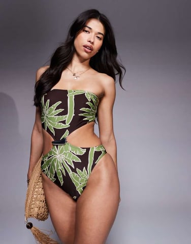 ASOS DESIGN Vida bandeau swimsuit with hardware in palm print