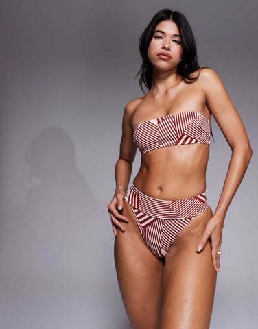 ASOS DESIGN Florence premium high leg deep waist bikini bottom in burgundy stripe