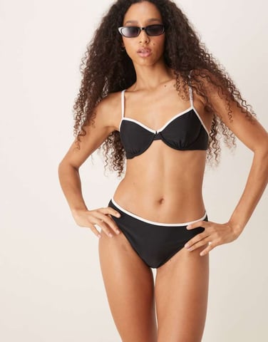 Abercrombie & Fitch mid rise contrast trim bikini bottom co-ord in black