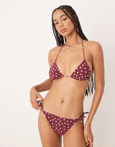 & Other Stories mix and match side tie bikini bottom in burgundy and white polka dot print