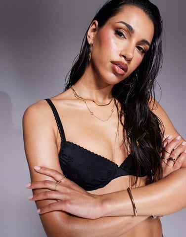 Boux Avenue broderie bikini top with frill trim in black